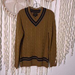 Men's Knit For J. Crew Camel Color Cashmere V-Neck Sweater with Navy Trim Accent